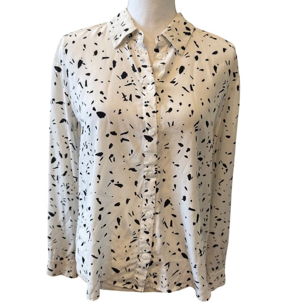 Amour Vert Silk Button Front Top White Black Abstract Print M